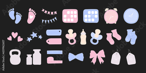 Set newborn hand drawn elements. Gender party vector icons. Birth stats colorful illustrations. Age, height, weight data and cute baby accessories. Set baby metric colored doodles. Birth announcement.