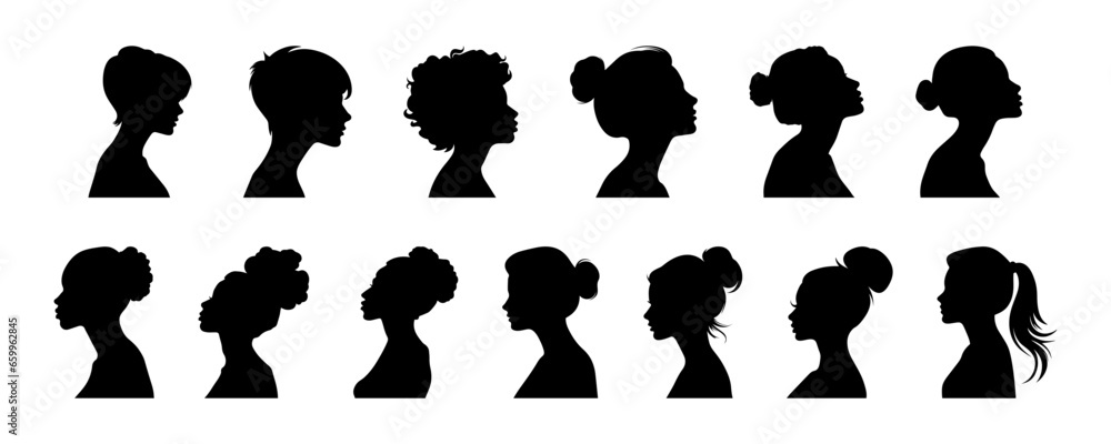 Black silhouette of woman big set, side view, face and neck only. Female silhouette. Women's equality day. International Women's Day. Set of vector womens silhouettes isolated on white background. - obrazy, fototapety, plakaty 