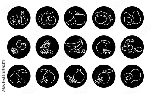 Set black round fruit icons. Vector circle buttons of fruits and berries in block style. Concept of proper nutrition and healthy food. Black round vegetarian vegan food icons for site or mobile app.