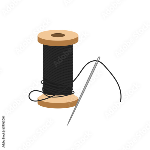 Spool of black thread and sewing needle flat vector illustration