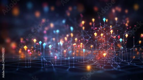 Cyber Nexus: 3D Data Centralized Elements of Technology, Networked Based Particles Connecting Dots in Cyberpunk Colors, Merging to Illuminate the Verse of the High-Tech Digital World 