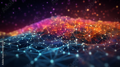 Cyberpunk Networked Symphony: 3D Technology Particles Connecting Dots in Vivid Cyberpunk Colors, Merging to Reveal the High-Tech Digital World 