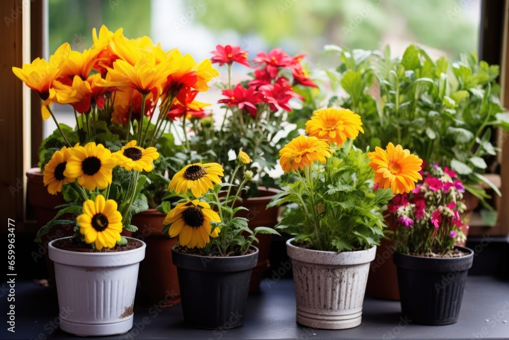 several national flowers grown in pots side by side