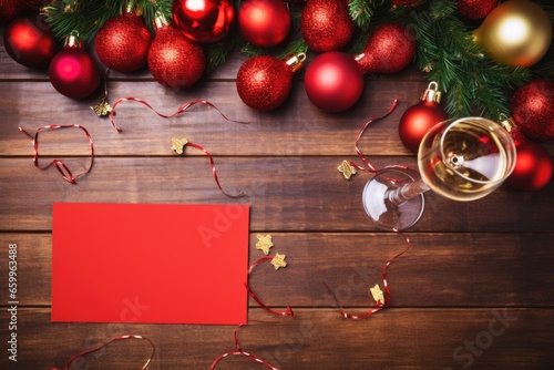a red christmas party invite laying on an oak table