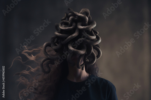 Culture and religious, fine art and make-up concept. Abstract Medusa woman portrait with snakes hair hiding in shadows. Mythical creature portrait. Dark mysterious mood. Generative AI