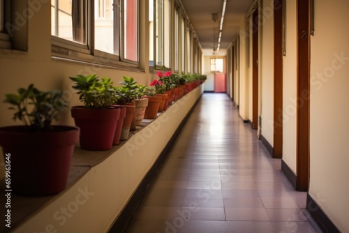 shared flowerpots along a common corridor in an apartment building