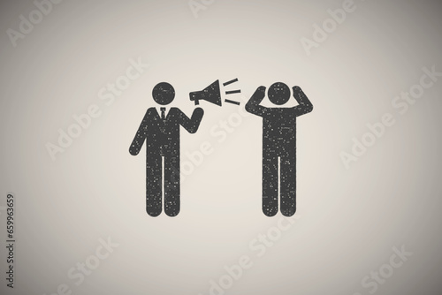 Businessman, megaphone, angry, job icon vector illustration in stamp style