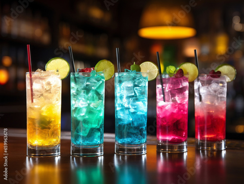 A vibrant and lively bar scene featuring an assortment of colorful drinks in a retro style.