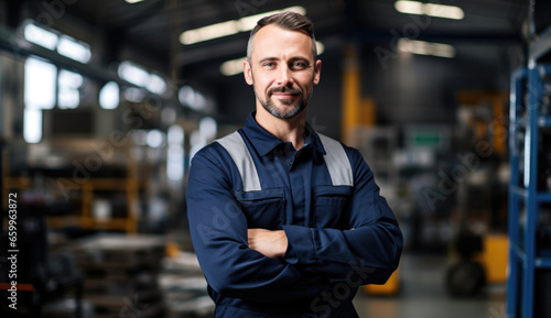 Skilled worker poses confidently in industrial warehouse showcasing professionalism and dedication to his craft in a vibrant environment filled with equipment