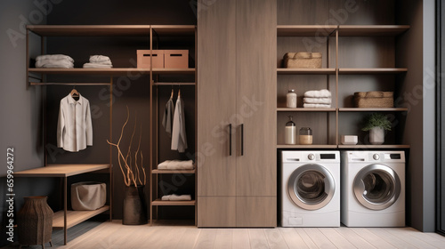 Laundry space with open shelving.