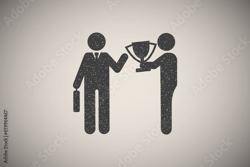 Businessman trophy give man icon vector illustration in stamp style