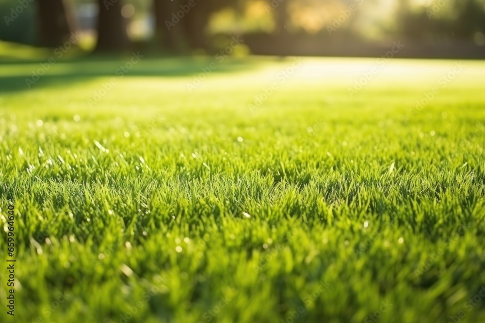 luxuriously green lawn close up under sunlight