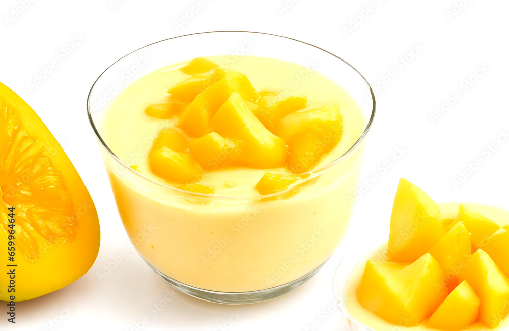 Homemade mango yoghurt on white background Homemade mango yoghurt on white background
