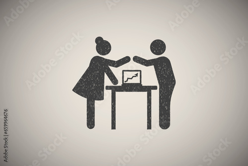 Businessman woman explain presentation icon vector illustration in stamp style