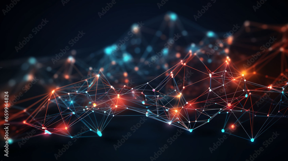 Obraz premium Vivid Cybernexus: 3D Data Centralization and Networked Particles Illuminate the Digital Tapestry in Cyberpunk Splendor 