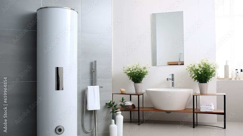 Interior of the room with modern water heater. Bathroom Water boiler for home, alternative water heating for private homes. - obrazy, fototapety, plakaty 