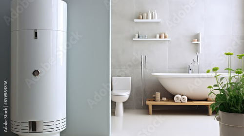 Interior of the room with modern water heater. Bathroom Water boiler for home, alternative water heating for private homes.