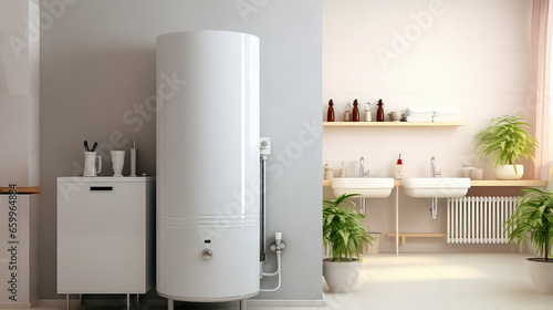 Interior of the room with modern water heater. Bathroom Water boiler for home, alternative water heating for private homes. photo
