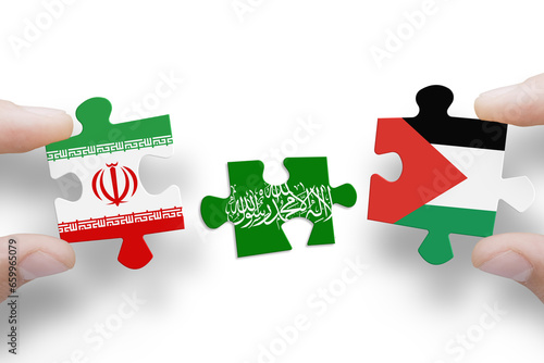 Puzzle made from flags of Iran, Hamas and Palestine. Gaza and Israel conflict. Terrorist organizations hamas photo