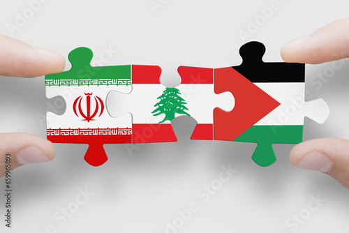 Puzzle made from flags of Iran,Lebanon and Palestine. Gaza and Israel conflict. Terrorist organizations hezbollah and hamas photo