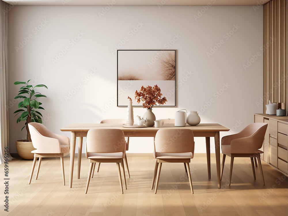 Beige dining room featuring sleek and stylish furniture. AI Generation. Beige dining room featuring sleek and stylish furniture. AI Generation.