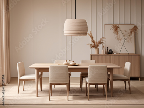 Comfortable beige dining setup with inviting furniture. AI Generation.
