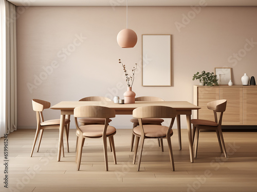 Modern design in beige dining room, attractive furniture. AI Generation.