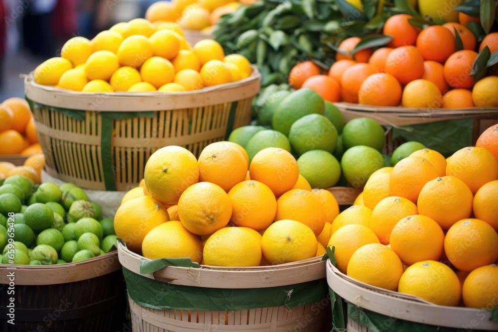 citrus fruits on baskets in an open-air market