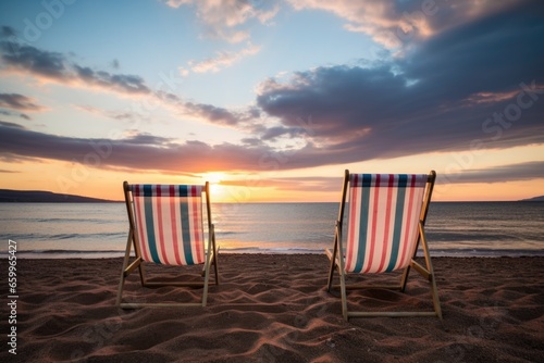 deckchairs set up on beach during sunset