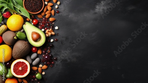 Superfoods on black stone background. Organic food and healthy vegan food. Legumes, nuts, seeds, fruit and vegetables. Top view copy space.