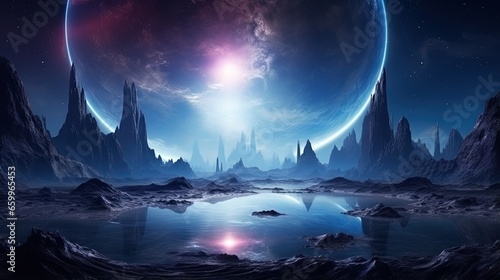 Futuristic fantasy landscape  sci-fi landscape with planet  neon light  cold planet. Galaxy  unknown planet. Dark natural scene with light reflection in water. Neon space galaxy portal. 3d
