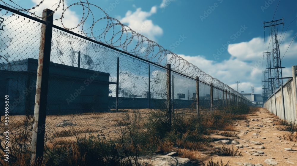 Fencing of secure facilities. Barbed wire on the fence of the secure facility. Fencing of secure facilities. Barbed wire on the fence of the secure facility.