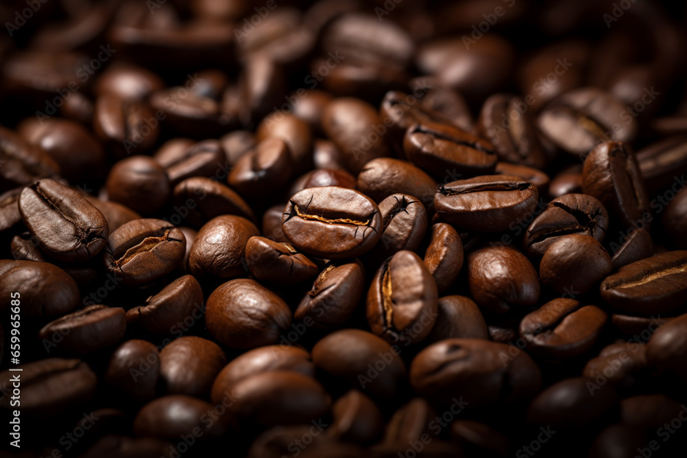 Macro view of roasted coffee beans in soft warm light Macro view of roasted coffee beans in soft warm light
