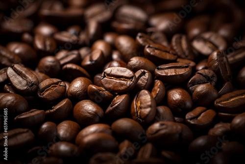 Macro view of roasted coffee beans in soft warm light