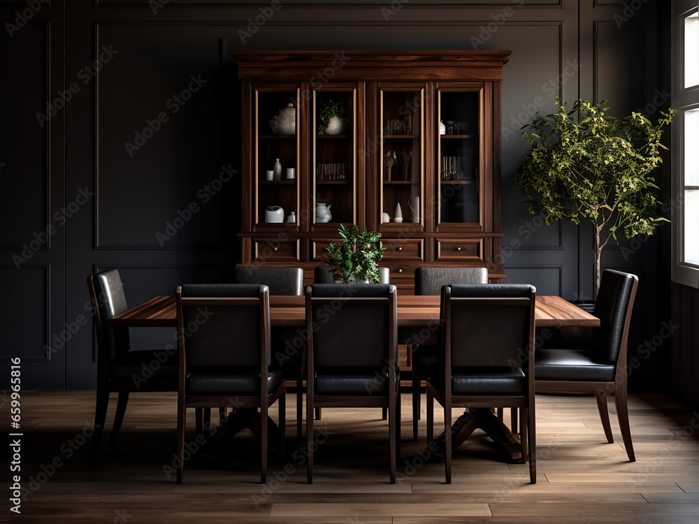 Refined furniture complements dark wood interior. AI Generation.