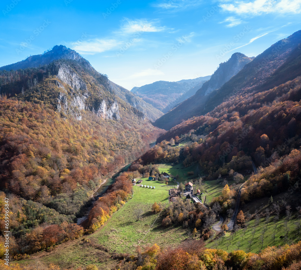Aerial view of the magnificent canyon of Tara river in the northern part of Montenegro in autumn.