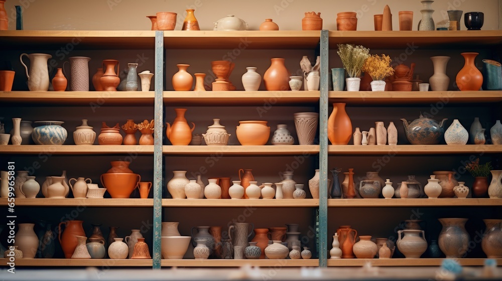 Pottery backgrounds, ceramics and shelf in studio, creative store or manufacturing startup. Clay products, collection and display in workshop, small business and retail craft shop of stock production