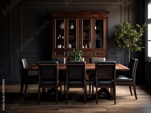 Refined furniture complements dark wood interior. AI Generation. © Llama-World-studio