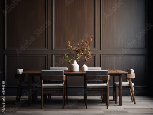 Modern twist on a traditional dark wood dining room. AI Generation.