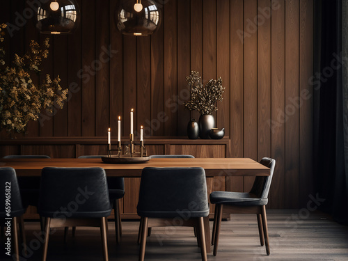 Alluring dinner ambiance in a dark wood room. AI Generation.