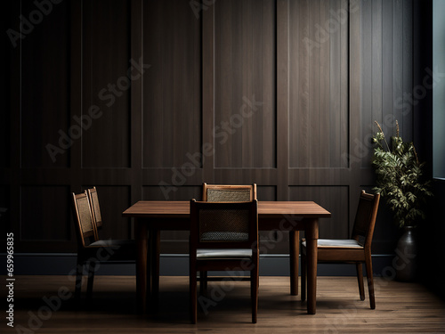 Artful design integrates dark wood into dining space. AI Generation.