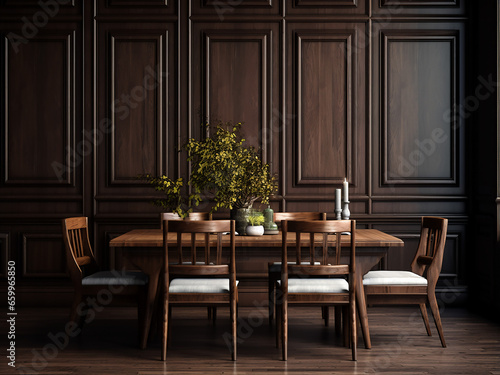 Balanced contrast in a dark wood dining room design. AI Generation. © Llama-World-studio