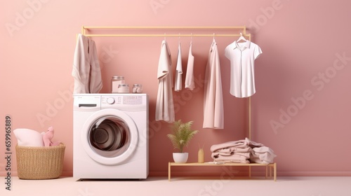Washing machine and minimalist rail with clothes on hangers, dresses and t-shirts on copy space beige background. Concept of laundry service. 3D rendering illustration © HN Works