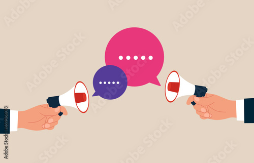 Discussion, conversation, meeting, team communication, colleague chatting, opinion. Flat vector illustration.