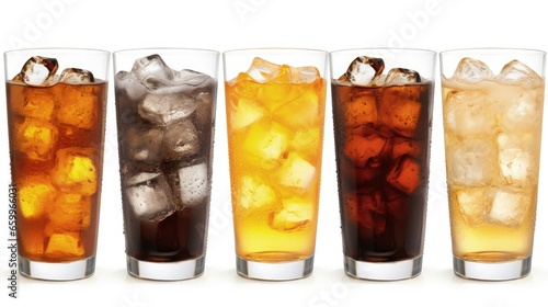 Glasses of sweet carbonated drinks with ice cubes isolated on white. With clipping path