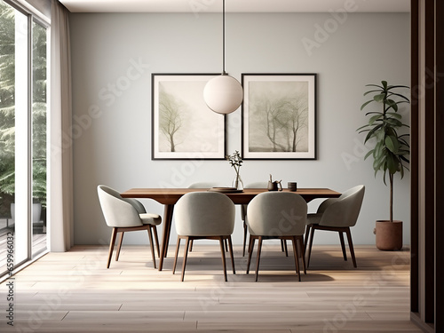 Serene grey dining room with tasteful interior design. AI Generation.