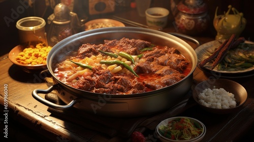 korean food, spicy meat pot on the table