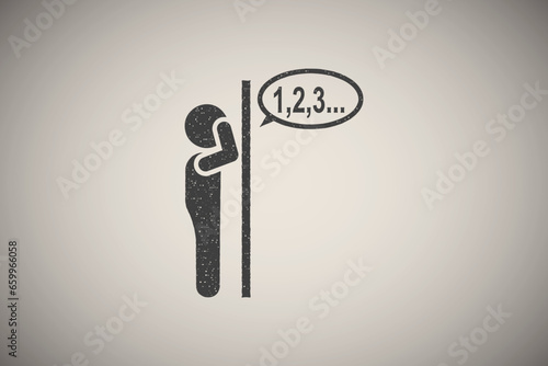 Boy, play, playground, hide and seek icon vector illustration in stamp style