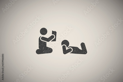 Boy, lie, book, read, father icon vector illustration in stamp style