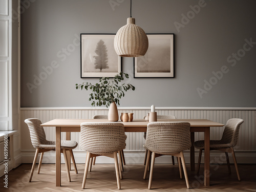 Muted tones and stylish furniture in a grey dining room. AI Generation.